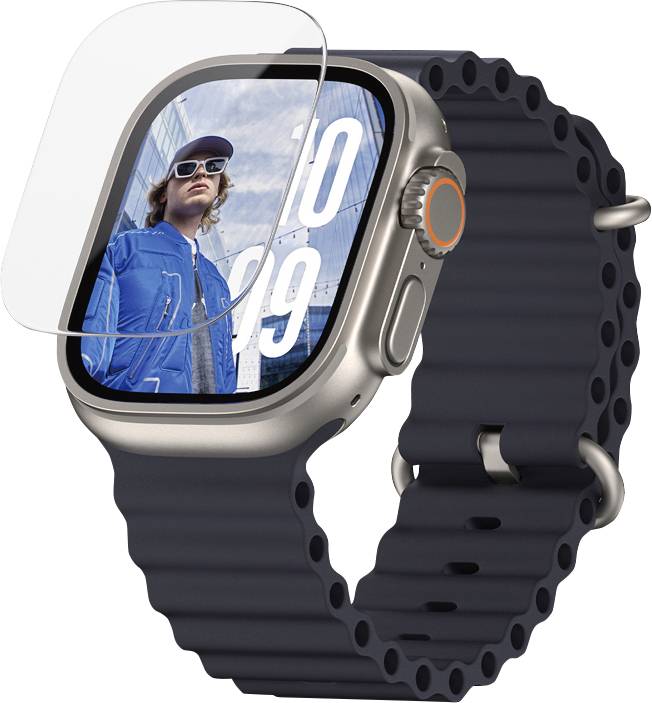 Smartwatch mit dunklem Armband und Display, das einen jungen Mann in blauer Jacke und Sonnenbrille zeigt.