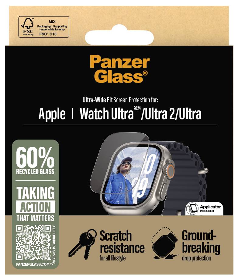 Verpackung einer PanzerGlass Displayschutzfolie für Apple Watch Ultra. Enthält recycelte Materialien, kratzfest und einfach anzubringen.