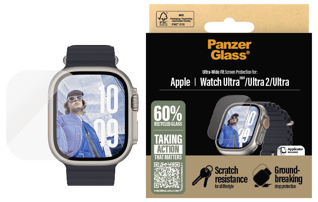 Bild zeigt Uhr mit PanzerGlass Displayschutz aus 60% recyceltem Glas für Apple Watch Ultra. Verpackung betont Kratzfestigkeit.