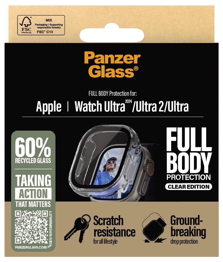 PanzerGlass Vollschutz für Apple Watch Ultra 2024. 60% recyceltes Glas. Kratzfest, langlebig, bahnbrechendes Design.