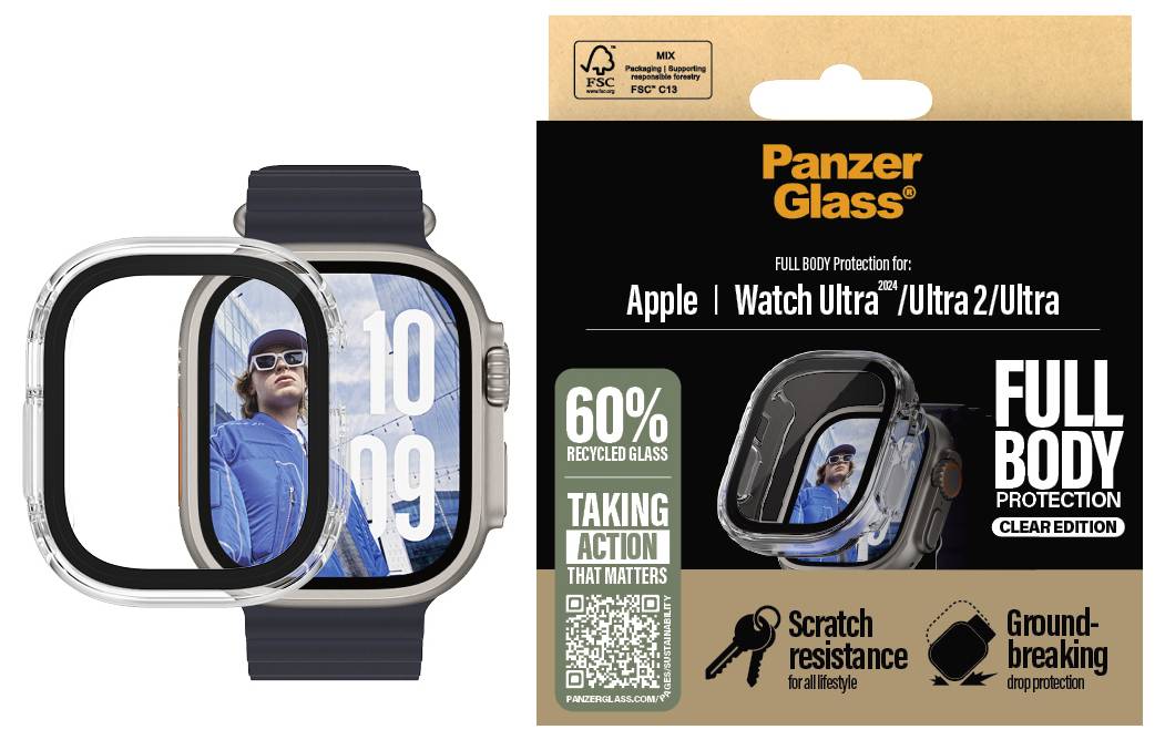 Schutzfolie für Apple Watch Ultra/Ultra 2. Panorama eines Mannes mit blauer Jacke auf Uhrbildschirm. 60% recyceltes Glas, kratzresistent.