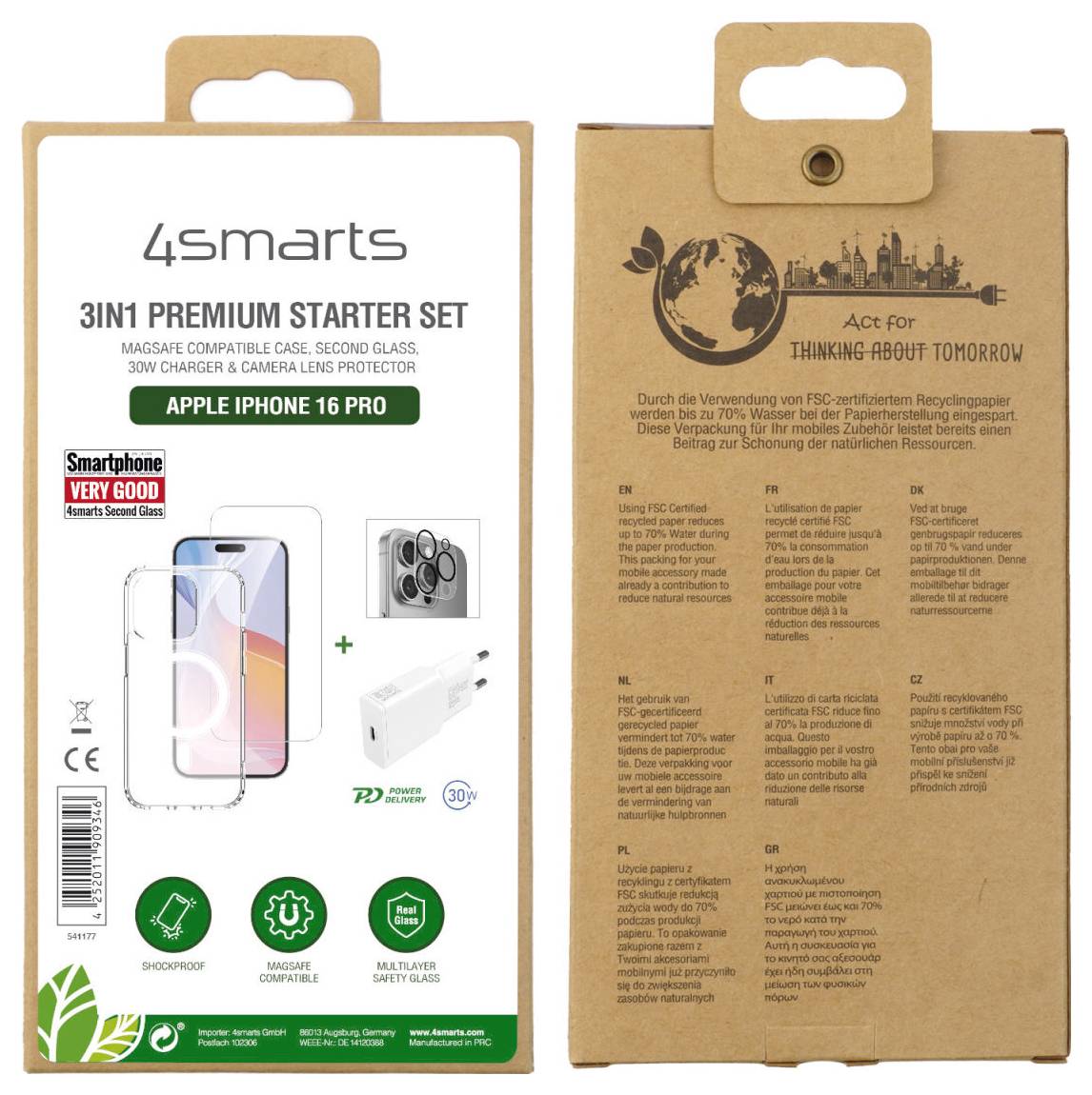 '4smarts 3in1 Premium Starter Set' für iPhone 16 Pro: MagSafe kompatible Hülle, Schutzglas, 30W Ladegerät. Verpackung aus Recyclingmaterial.