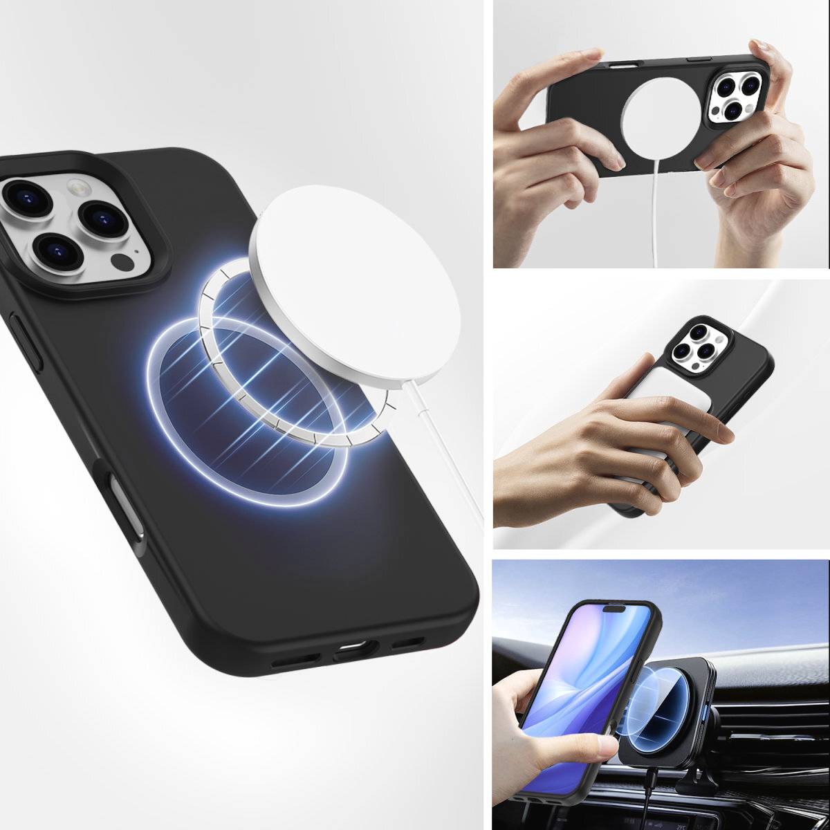 Ein Smartphone wird drahtlos mit einem Ladegerät aufgeladen. Weitere Bilder zeigen das Smartphone, wie es in der Hand gehalten und im Auto genutzt wird.