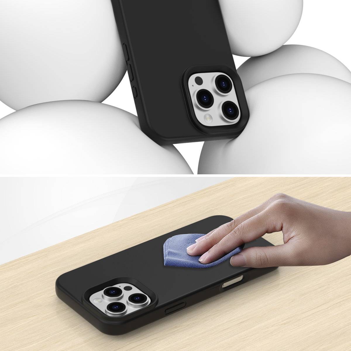 Ein Smartphone wird mit einem Tuch gereinigt. Der Fokus liegt auf der Kamera des Handys, das auf einem Holztisch liegt.