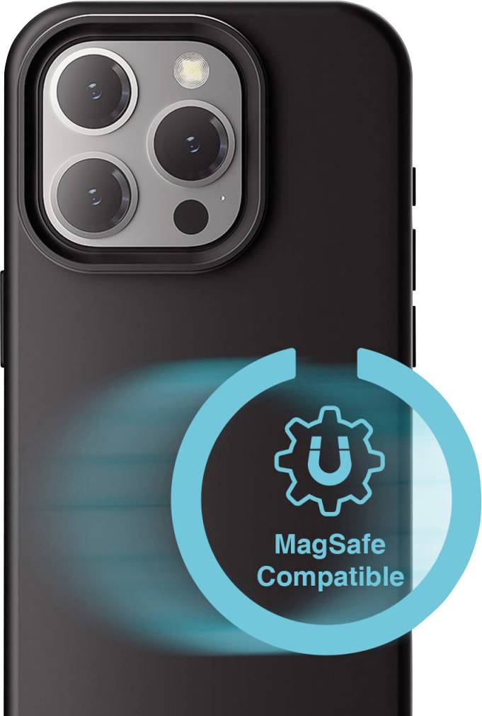 Die Rückseite eines schwarzen Handys mit drei Kameras, daneben ein Symbol und Text 'MagSafe Compatible' in einem blauen Kreis.