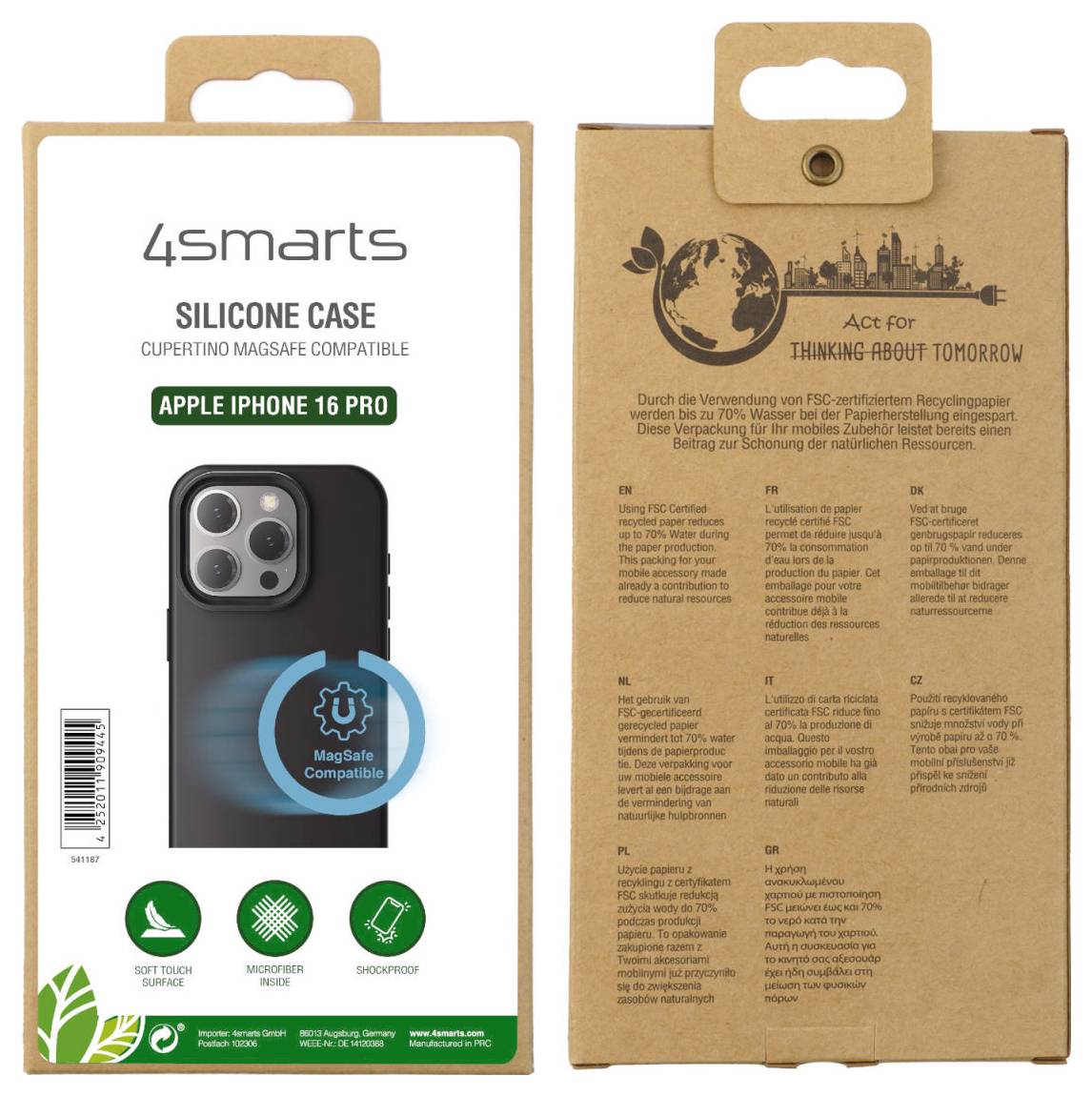 Verpackung einer Silikonschutzhülle für Apple iPhone 16 Pro von 4smarts. Vorderseite zeigt Kompatibilität und Features, Rückseite informiert über umweltfreundliche Materialien und Recycling.