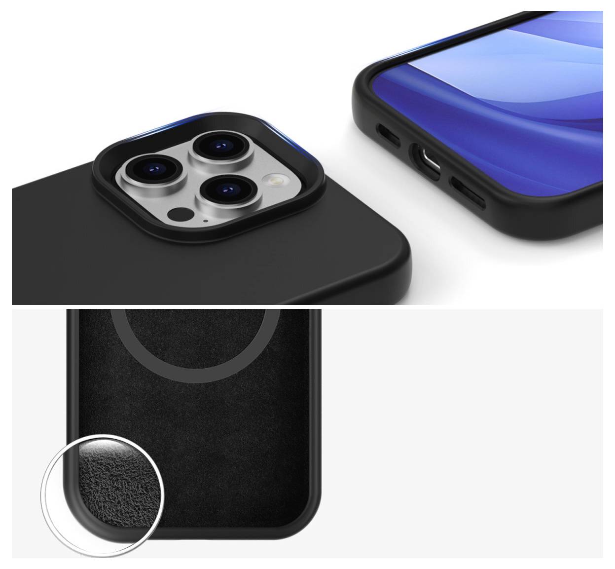 Nahaufnahme einer schwarzen Handyhülle mit verstärkten Ecken und präzisen Aussparungen für die Kamera eines Smartphones.