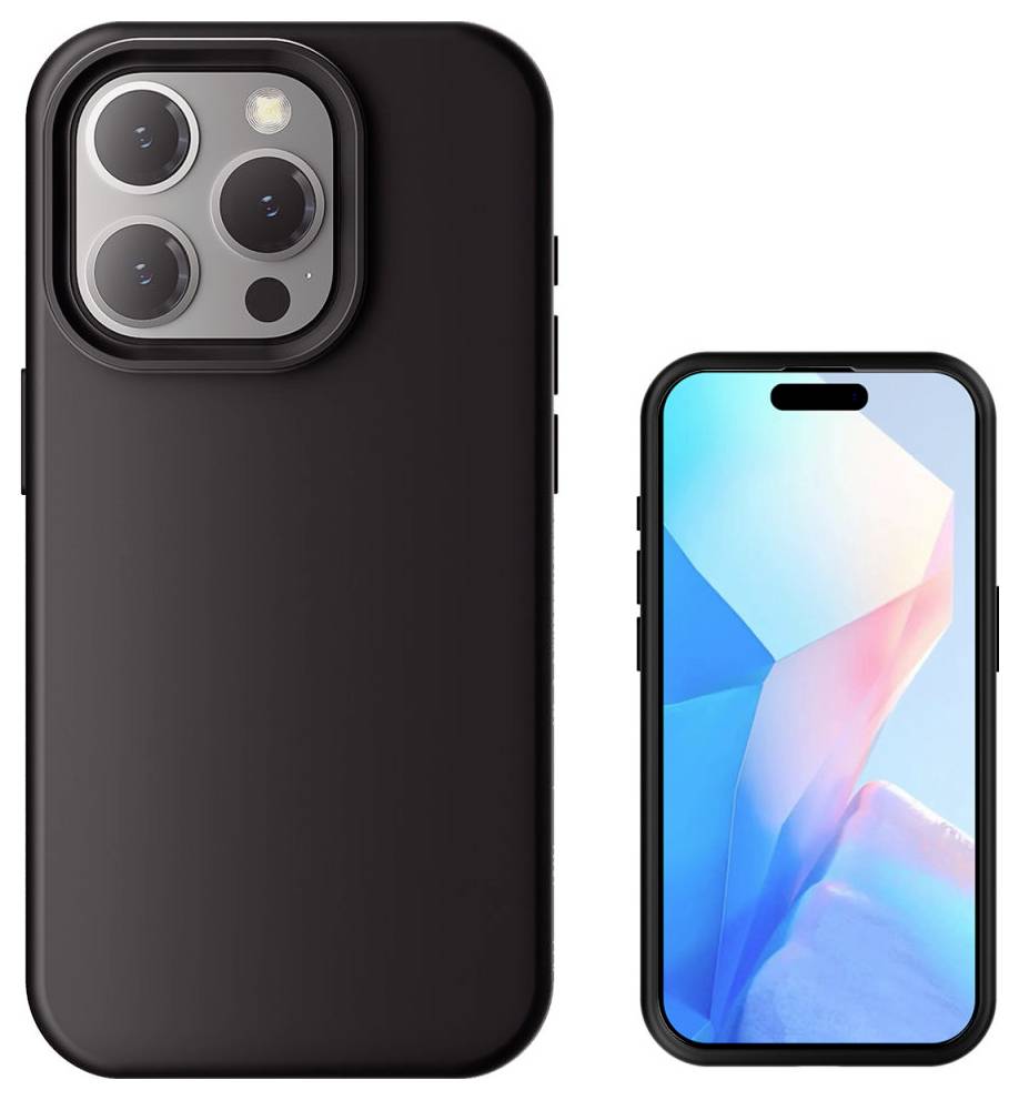 Zwei Smartphones in Hüllen: links die Rückseite mit drei Kameras, rechts die Vorderseite mit aktiviertem Bildschirm.