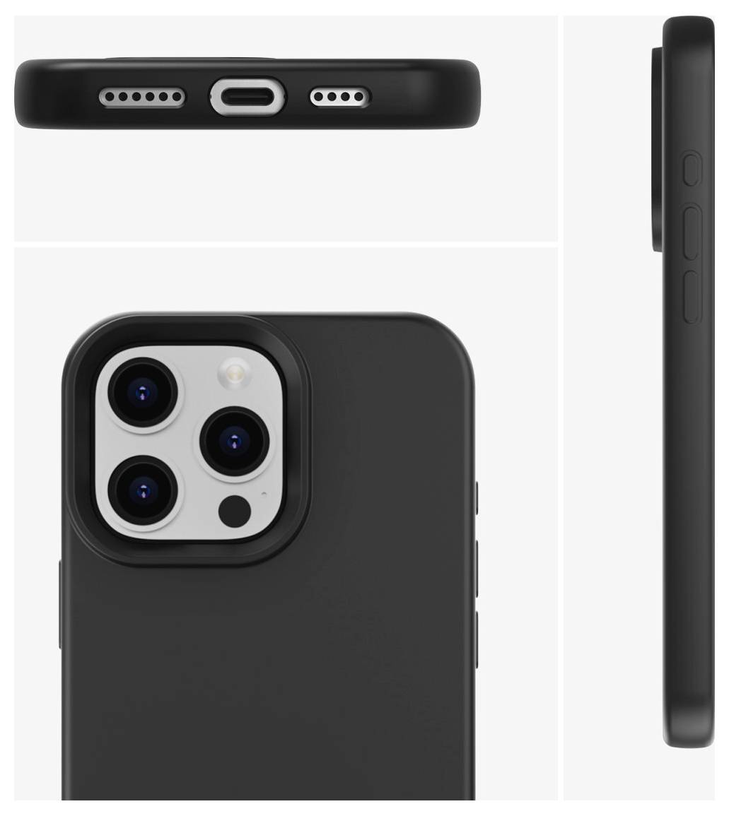 Mehrere Ansichten eines schwarzen Smartphones: Ansicht der Unterseite mit Ladeanschluss, Rückseite mit drei Kameras, Seitenansicht mit Tasten.
