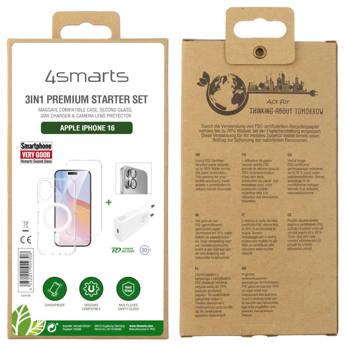 '4smarts 3in1 Premium Starter Set' Verpackung zeigt ein Set mit MagSafe Hülle, zweitem Glas, 30W Ladegerät, Kamera-Objektivschutz. Rückseite hebt nachhaltige Verpackung hervor.