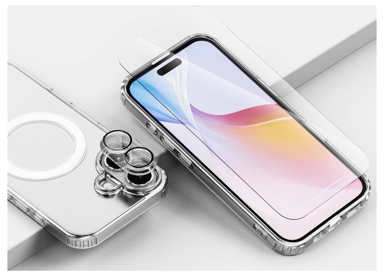 Ein Smartphone mit farbigem Display und eine durchsichtige Schutzhülle mit Kameraabdeckung liegen auf einem weißen Untergrund.