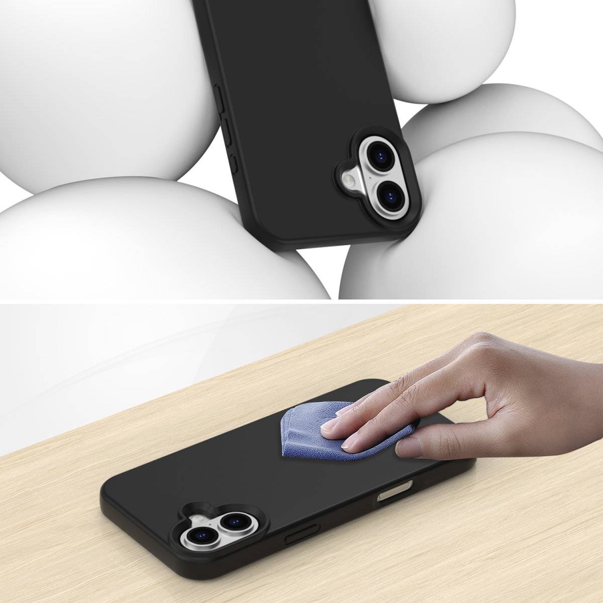 Eine Hand hält ein Tuch und reinigt ein schwarzes Smartphone-Case, das auf einem Holztisch liegt. Im Hintergrund sind weiße Kugeln zu sehen.