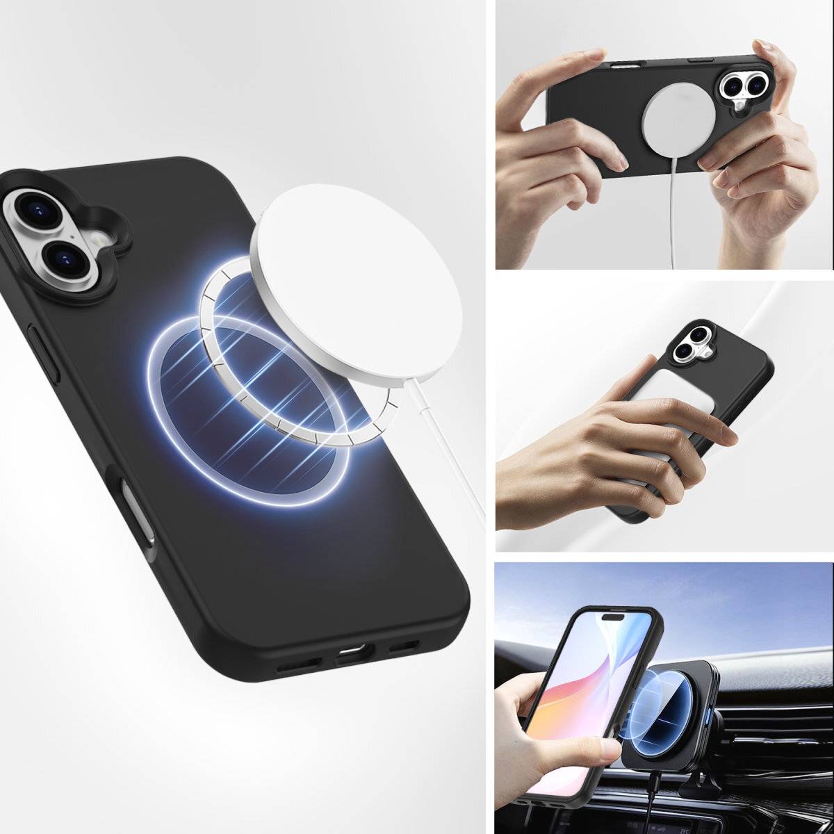 Ein Smartphone mit einer Magnetladestation wird aus verschiedenen Blickwinkeln gezeigt. Es wird kabellos in einem Auto und von Hand geladen.