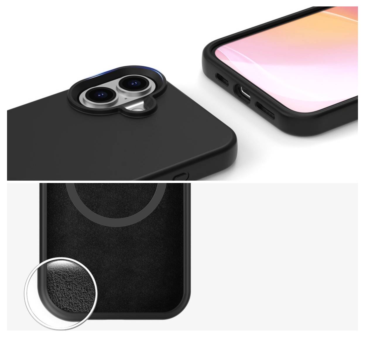 Handy in schwarzer Schutzhülle, Detailansicht der Kameraauslassung und Textur im Inneren der Hülle.