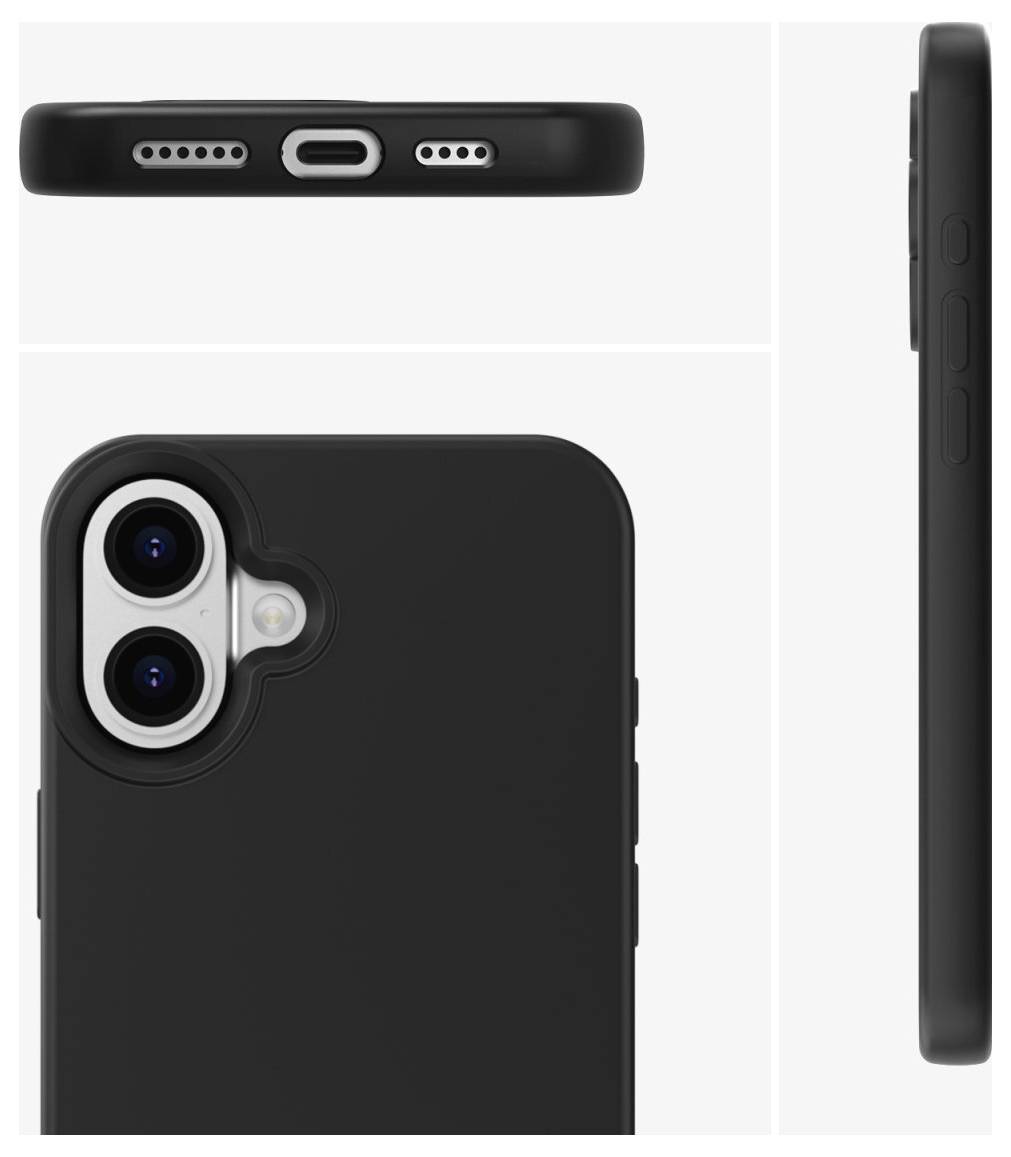 Schwarzes Smartphone in drei Ansichten: Rückseite mit zwei Kameras, seitlich mit Tasten, oben mit Ladeanschluss.