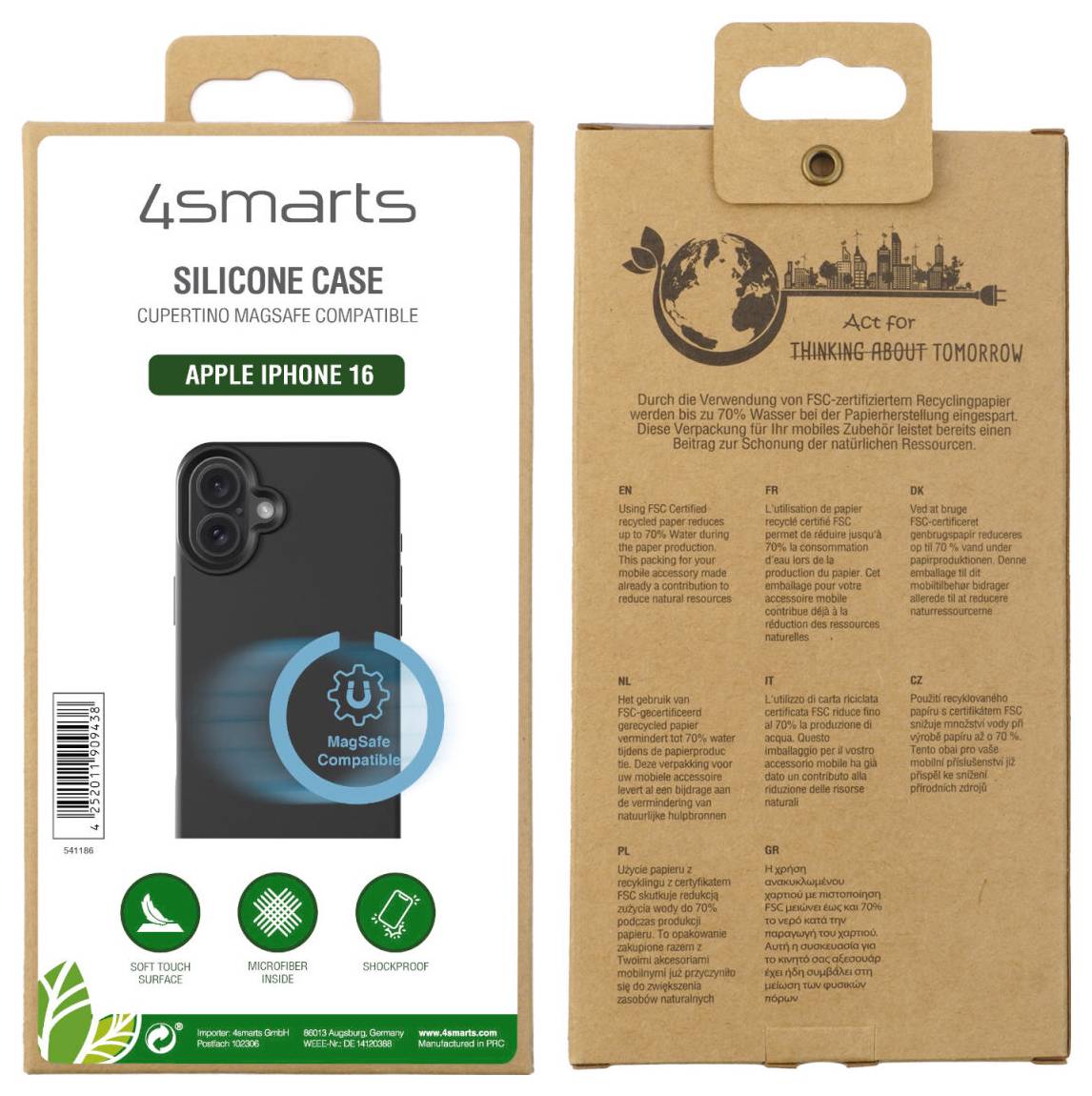 Verpackung eines '4smarts' Silikonhülle für iPhone 16. MagSafe-kompatibel, mit stoßfesten und weichen, recycelbaren Materialien.