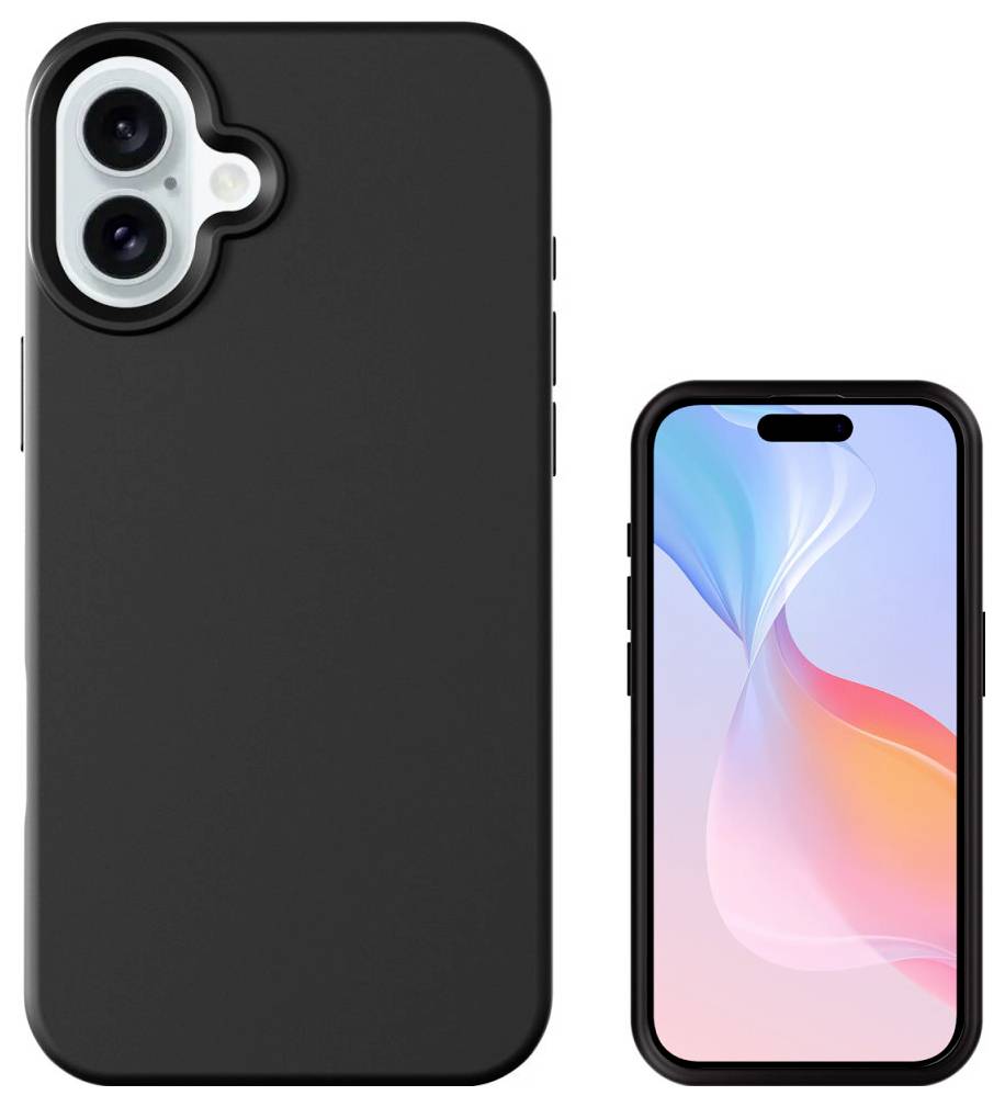 Ein schwarzes Smartphone-Case neben einem Smartphone mit buntem Display. Das Case ist schlicht gestaltet und passt genau zum Gerät.