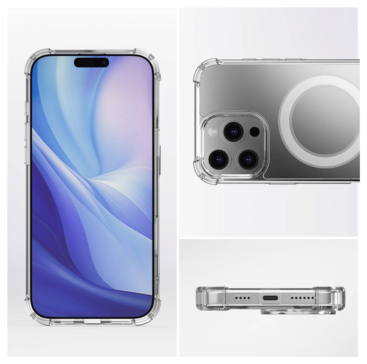 Ein Smartphone mit transparentem Schutzgehäuse. Vorderseite zeigt blauen Bildschirmhintergrund, Rückseite hat drei Kameras.