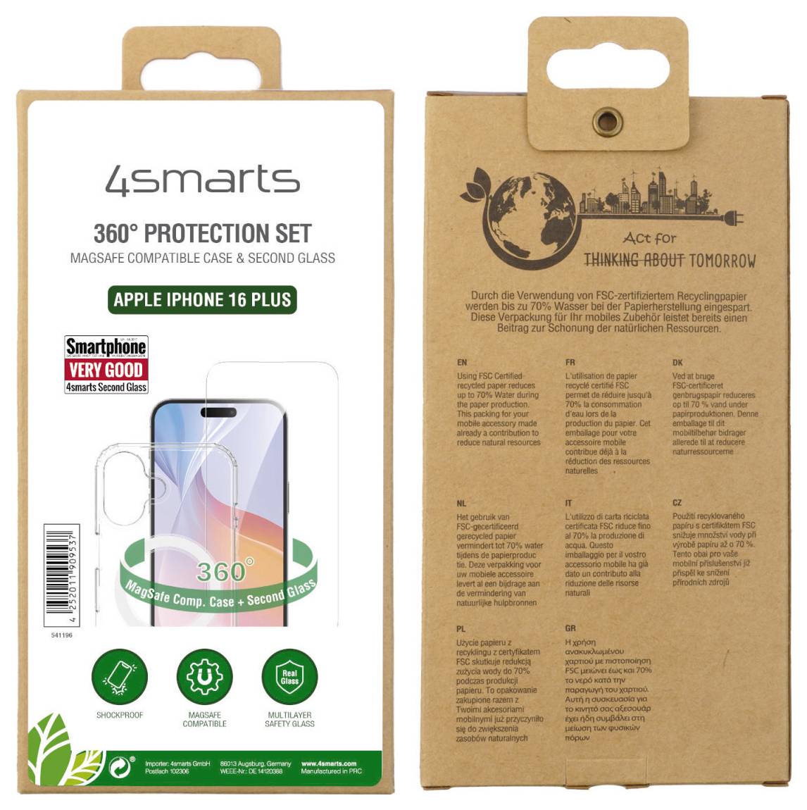 '4smarts 360° Protection Set für Apple iPhone 16 Plus' auf Verpackung. Enthält MagSafe kompatibles Case und zweites Schutzglas. Links: bunte Vorderseite, rechts: nachhaltige Materialien erklärt.