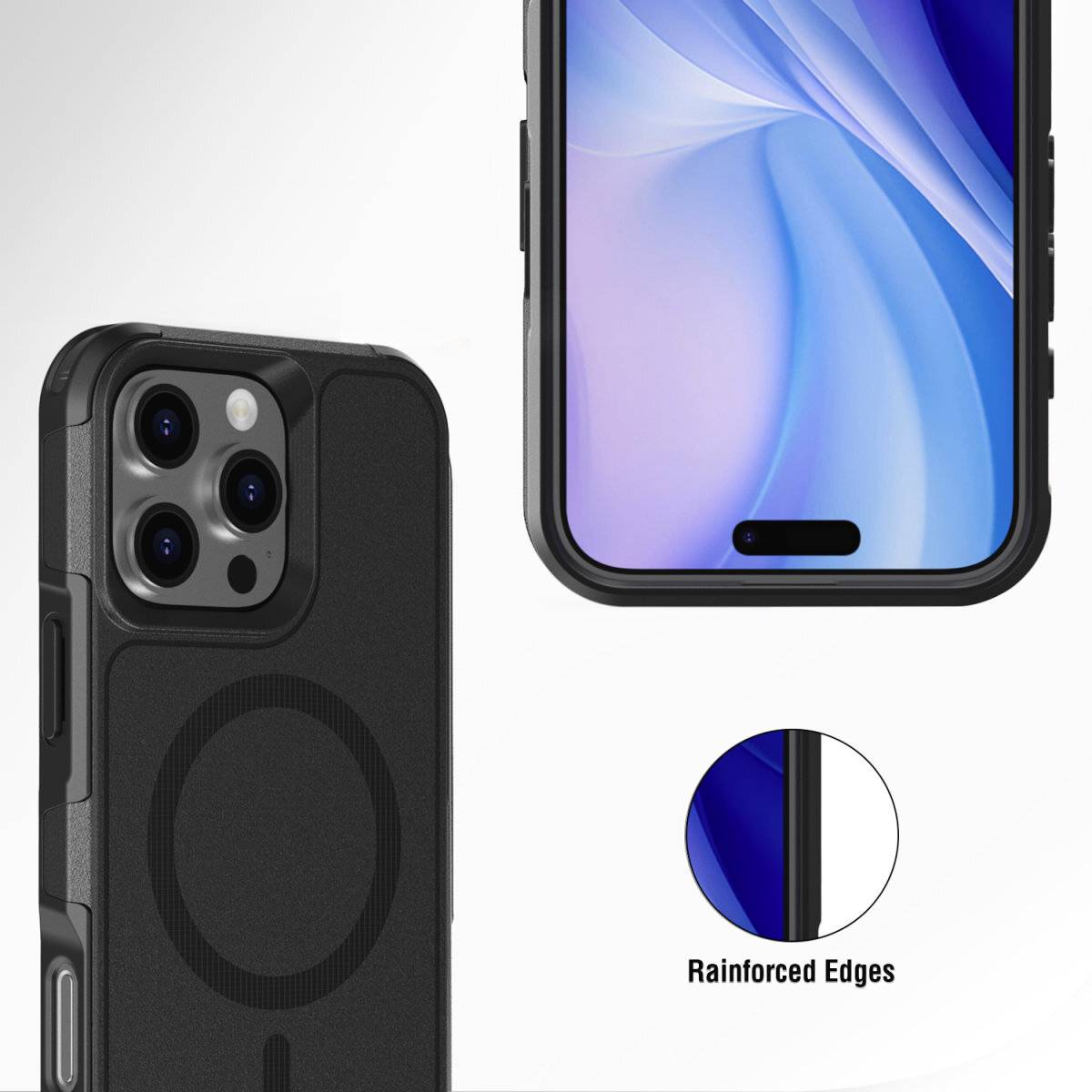 Schwarzes Smartphone mit drei Kameralinsen in einer Schutzhülle, daneben eine Nahaufnahme der verstärkten Kanten, blaues Display.