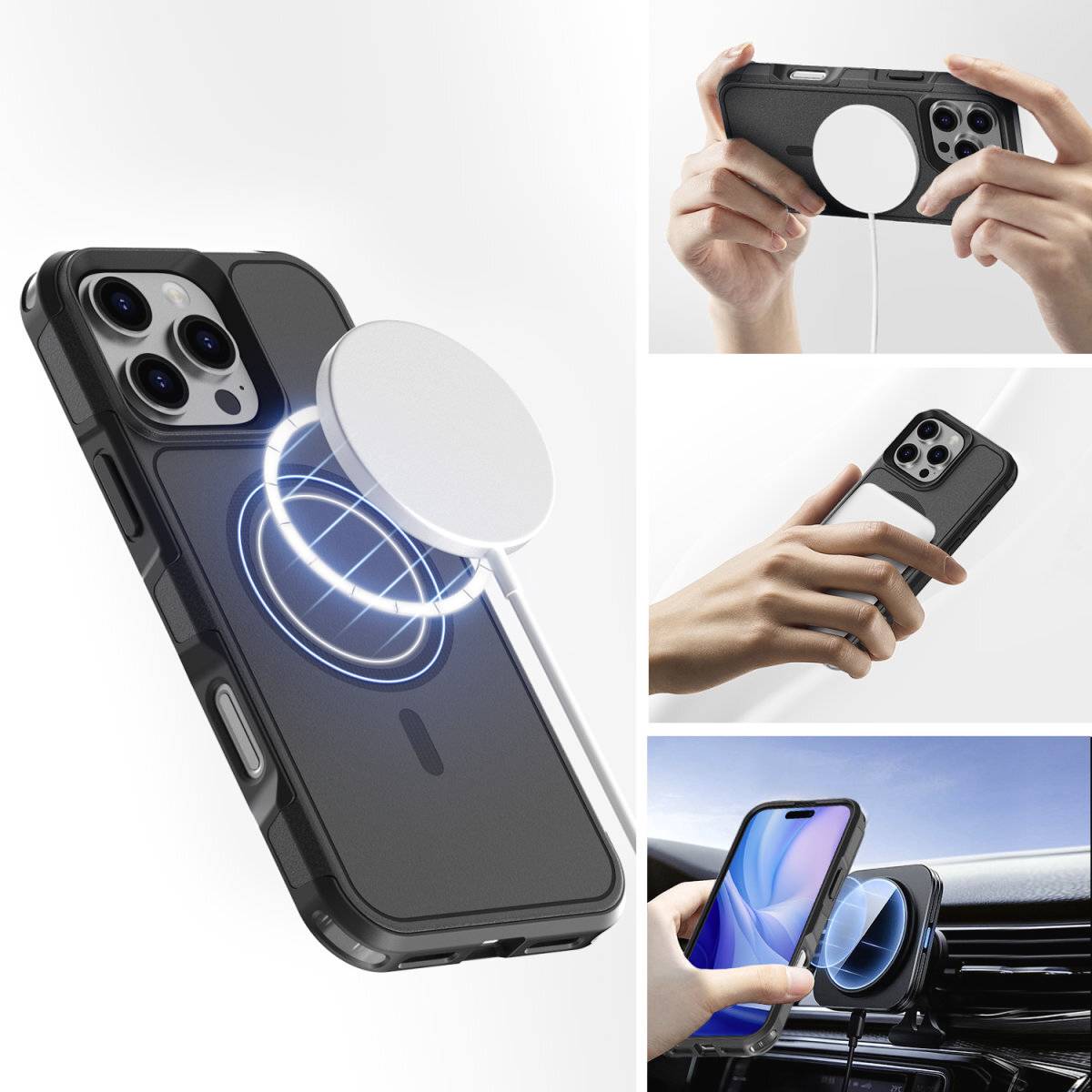 Eine Handyhülle mit Magnetring zeigt verschiedenen Verwendungsmöglichkeiten: kabelloses Laden, einfache Handhabung und Befestigung im Auto.