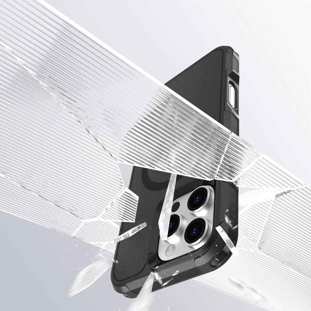 Smartphone mit Hülle kollidiert mit einer Glasscheibe, zerschmettert das Glas. Fokus auf die Robustheit der Schutzhülle.