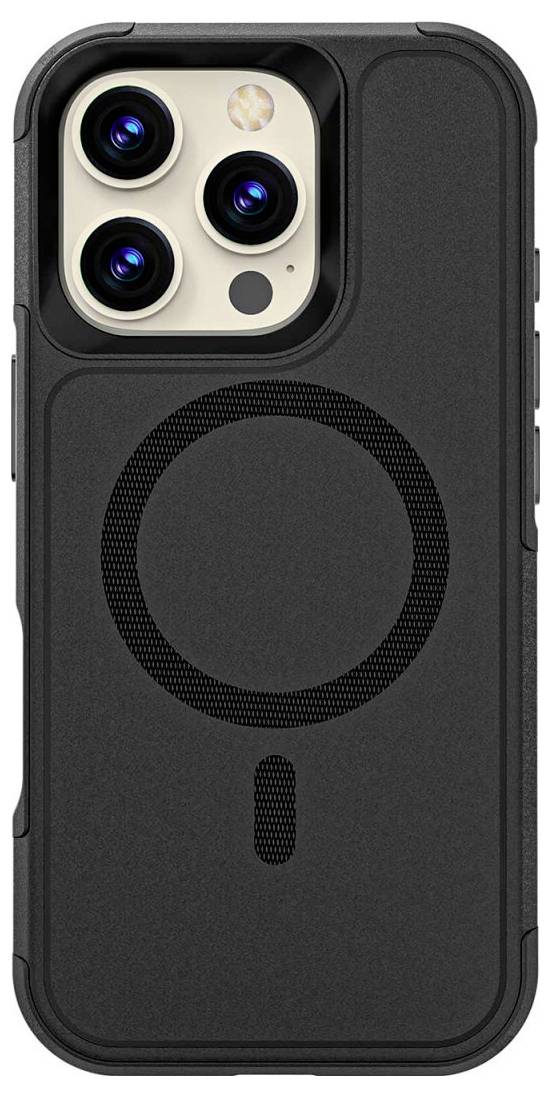 Schwarzes Handyhülle mit MagSafe-Kompatibilität auf iPhone mit Dreifachkamera.