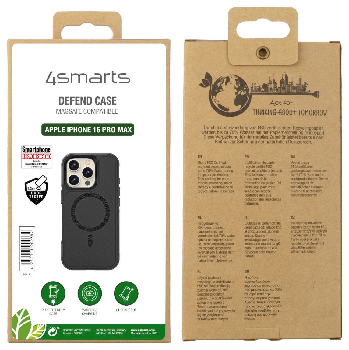 Die Verpackung einer Handyhülle für 'Apple iPhone 16 Pro Max' mit Magsafe-Kompatibilität, aus FSC-zertifiziertem, nachhaltigem Material.