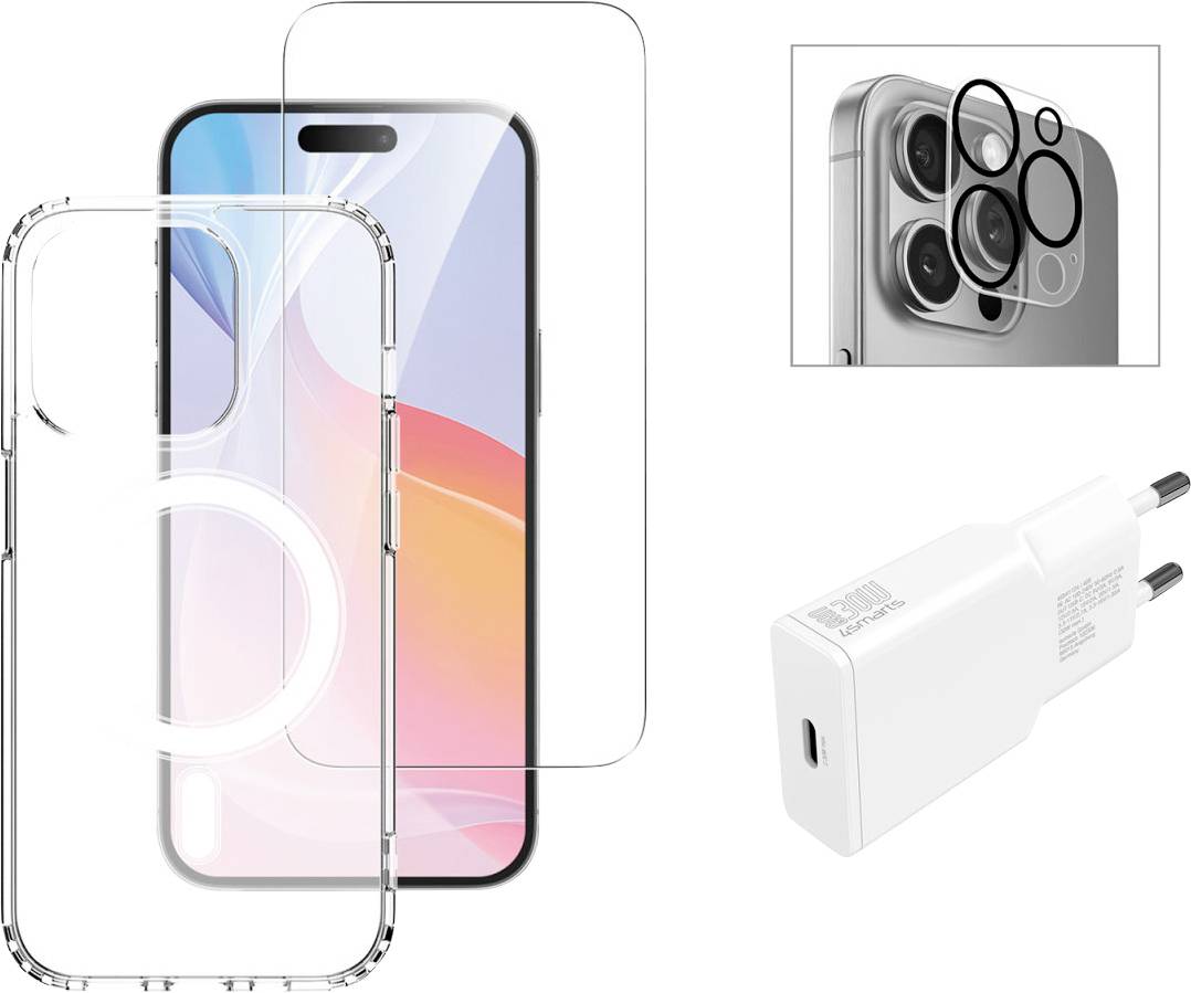 Smartphone mit durchsichtigem Gehäuse, Displayschutz, Nahaufnahme der Kameraobjektive, und ein Netzladegerät.