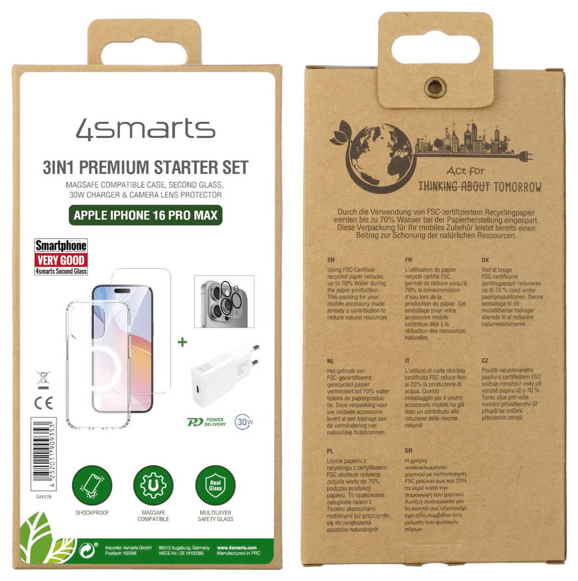Vorderseite zeigt Verpackung vom '4smarts 3in1 Premium Starter Set' für iPhone 16 Pro Max inklusive Hülle, Glas und Kamera-Linsenschutz. Rückseite informiert über FSC-zertifizierte Materialien.