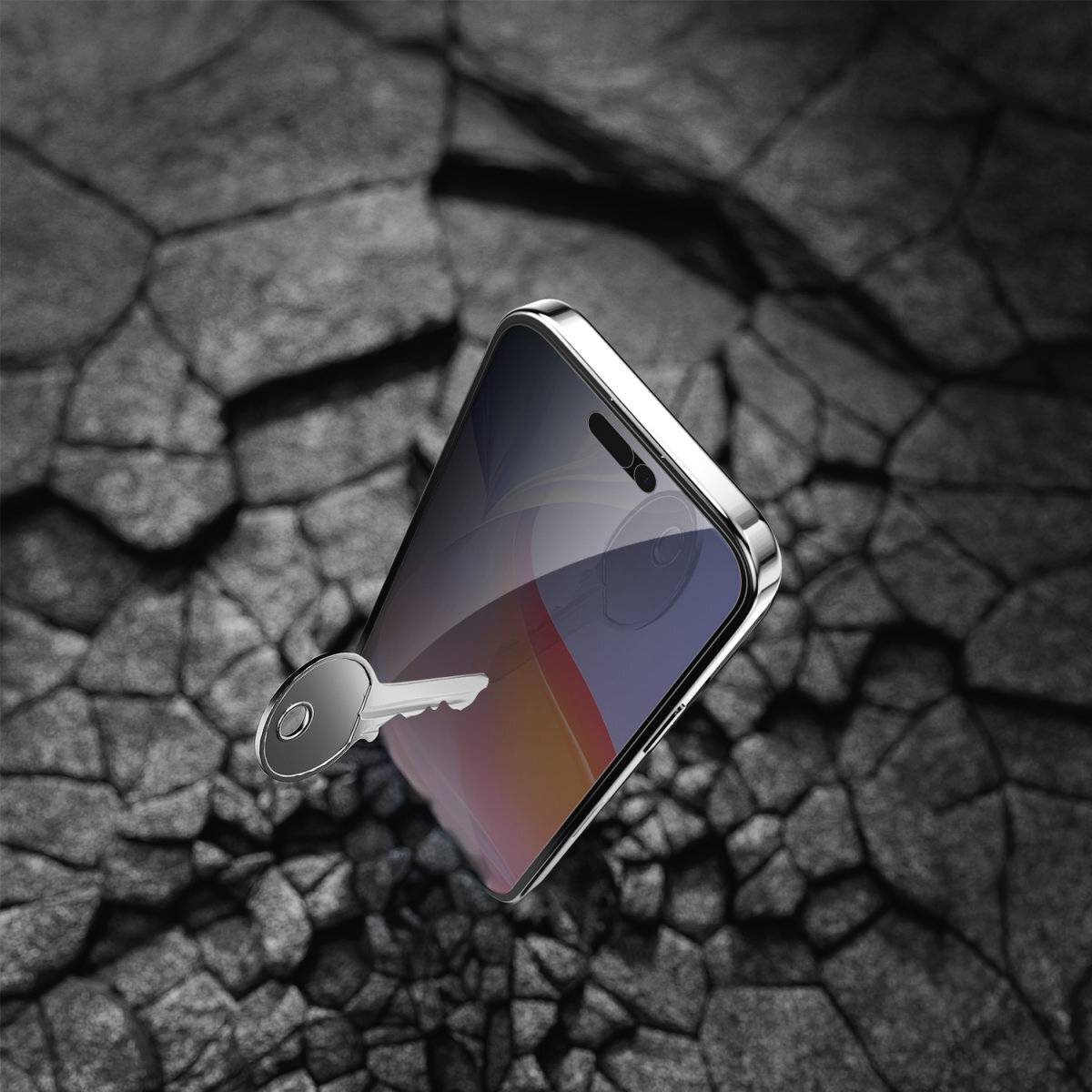 Ein Smartphone liegt auf trockener, rissiger Erde. Eine metallene Münze schwebt davor. Symbolisiert digitale Einsamkeit oder Zerbrechlichkeit.