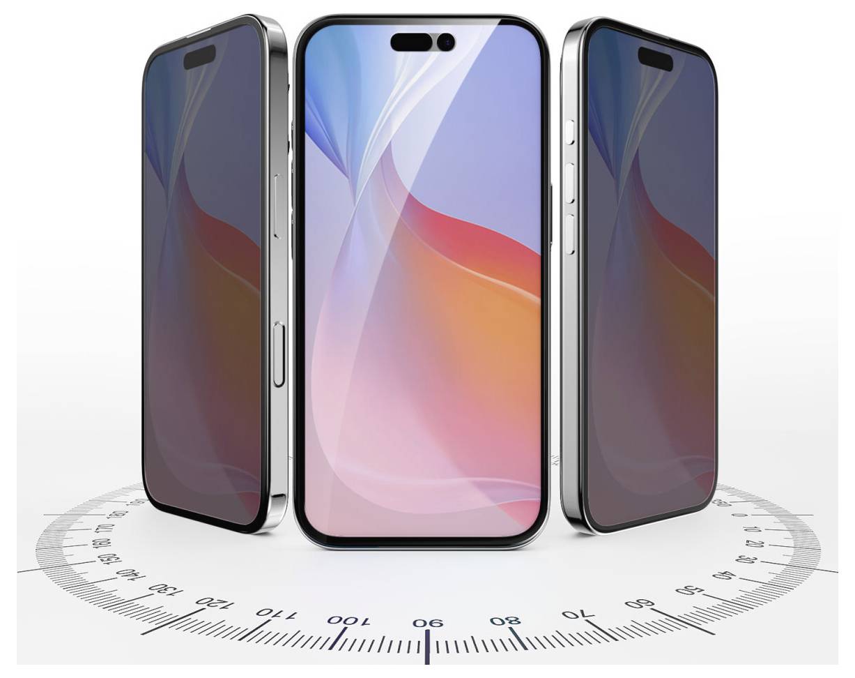 Drei moderne Smartphones in einem Halbkreis aufgestellt. Die Bildschirme zeigen ein abstraktes, farbenfrohes Design. Ein Winkelmaßstab dient als Hintergrund.