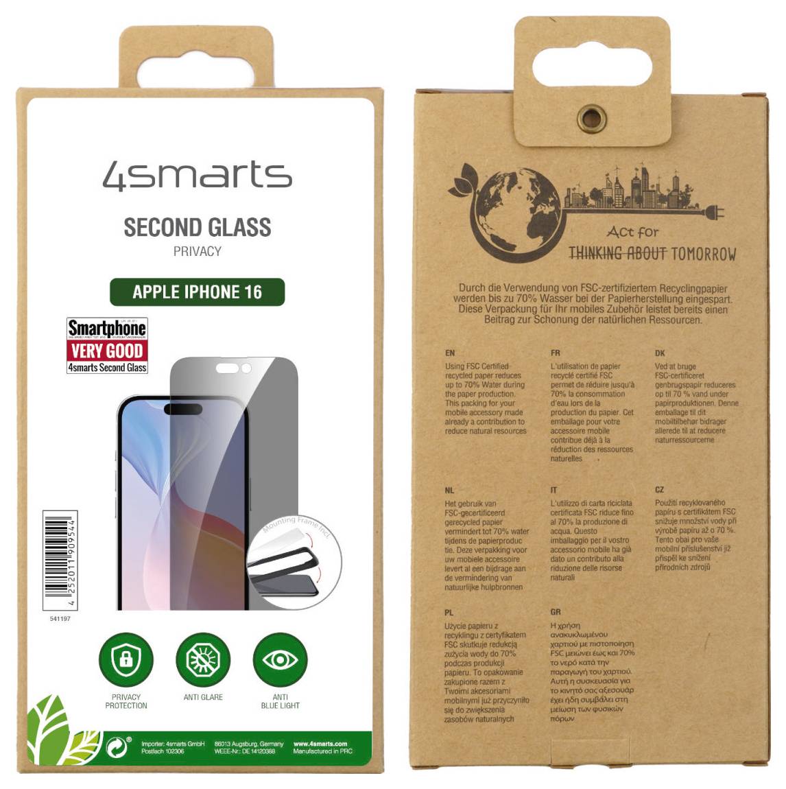 Verpackung einer 4smarts Displayschutzfolie für iPhone 16 mit Abbildung des Produkts. Enthält Umweltinformationen auf der Rückseite.