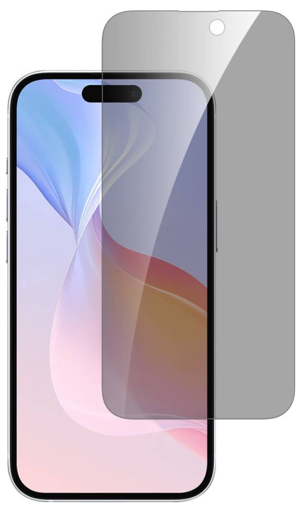 Ein Smartphone mit einer halbtransparenten Displayschutzfolie, die darauf platziert ist. Der Bildschirm zeigt ein abstraktes Farbmuster.