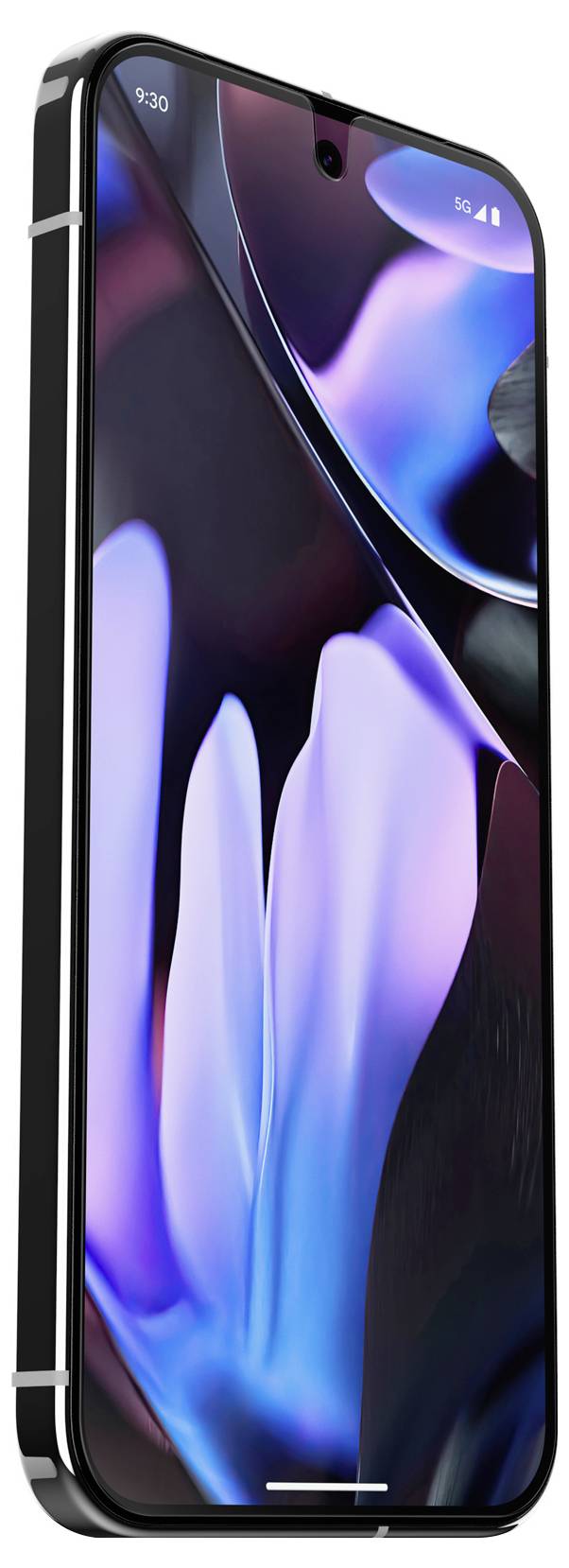 Smartphone mit gebogenem Display, das bunte, unscharfe Blüten zeigt. Bildschirm zeigt Uhrzeit '9:30', mobil verbunden mit 5G-Netzwerk.