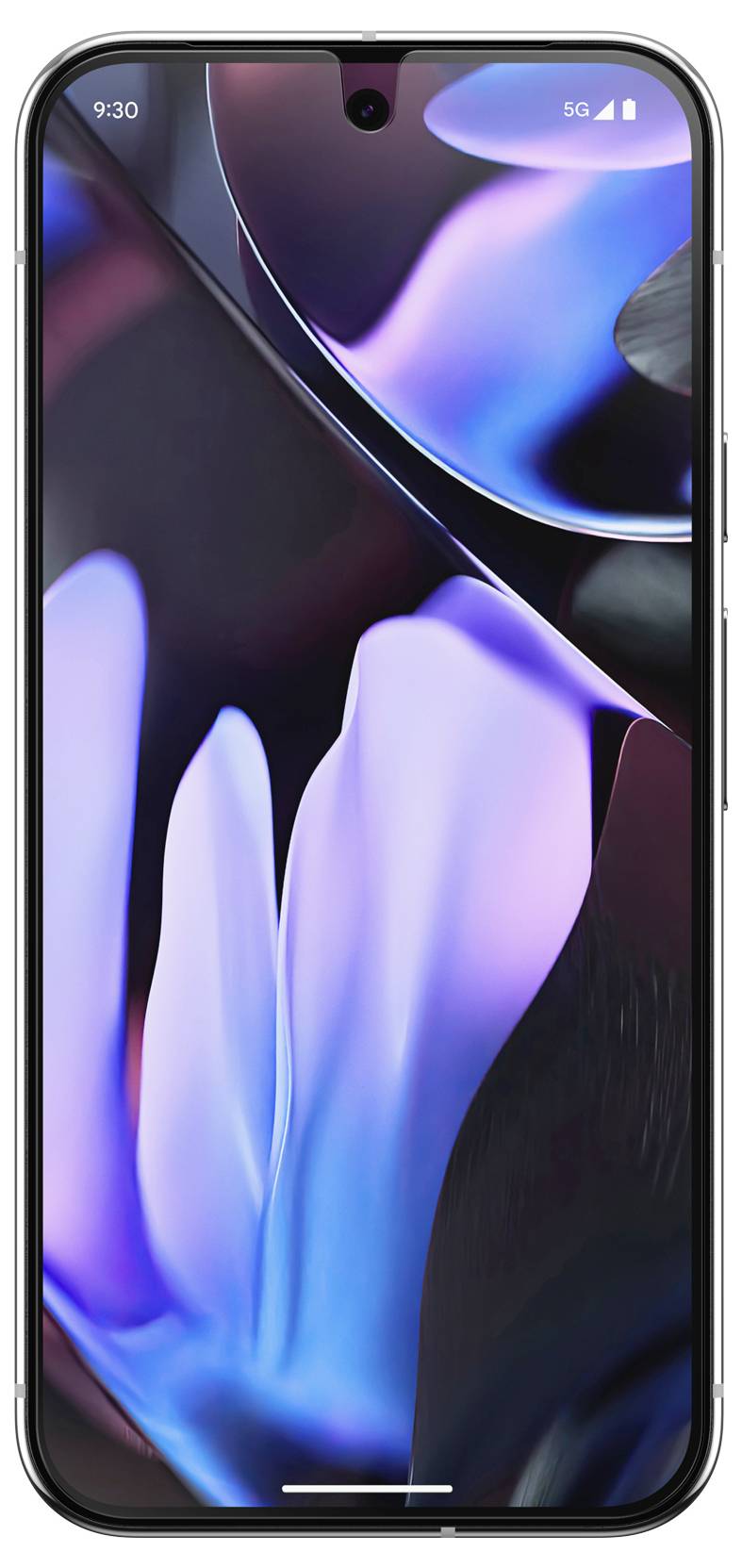 Smartphone mit abstraktem, blau-violettem Hintergrund auf dem Display. Zeit oben links: 9:30. 5G-Symbol sichtbar.