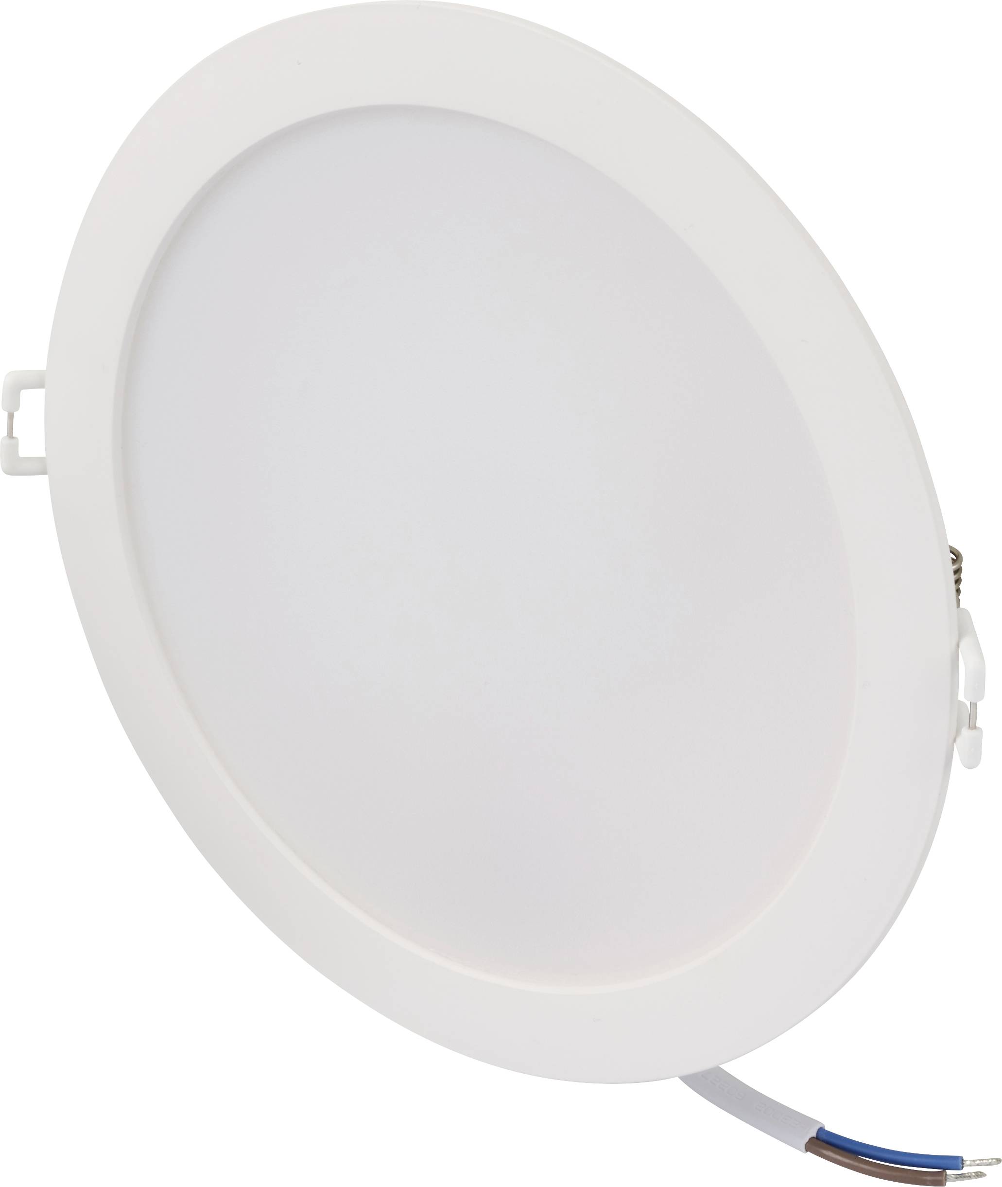 Ein runder, flacher LED-Deckenstrahler in weißer Farbe mit sichtbaren Kabelanschlüssen an der Seite, geeignet für moderne Raumbeleuchtung.