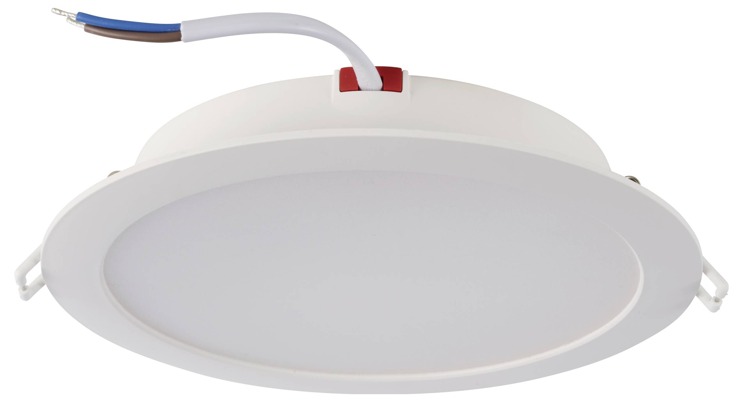 LED-Deckenleuchte in runder Form, weißes Gehäuse, mit kurzem Kabelanschluss. Geeignet für den Einbau in abgehängte Decken.