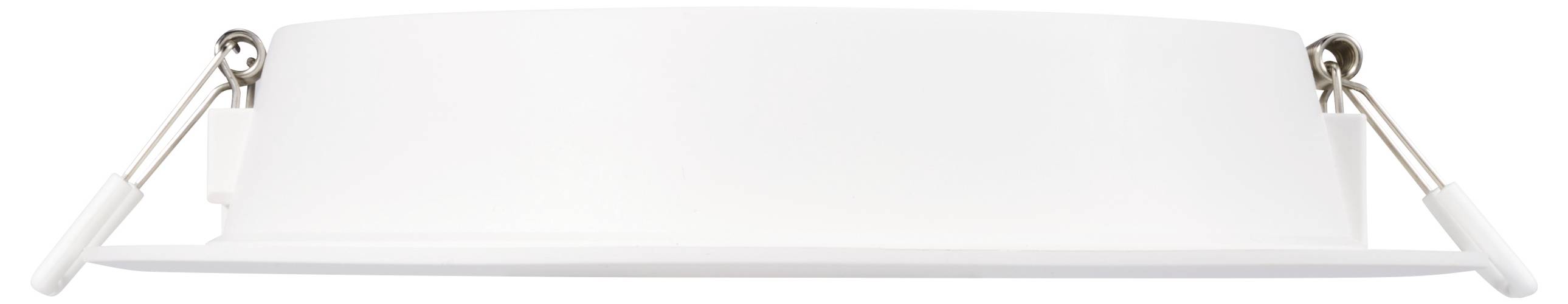 Weiße runde Deckenleuchte mit zwei silbernen Clips an den Seiten, geeignet für Einbau in Decken.