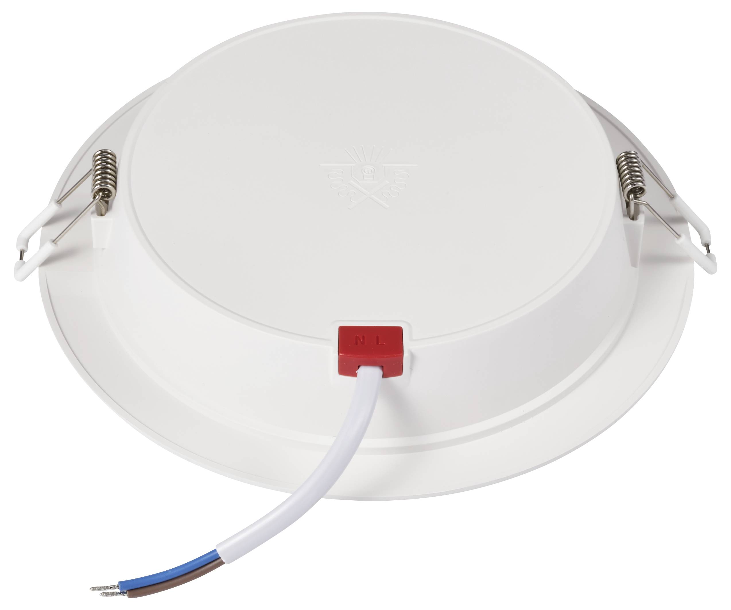 Eine runde, weiße LED-Deckenleuchte mit zwei seitlichen Klammern und einem Kabel, das aus der Rückseite herausführt.