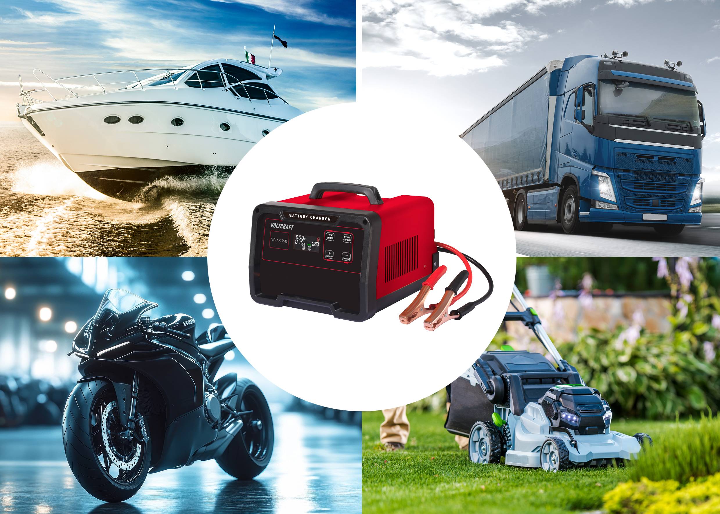 Ein Ladegerät in der Mitte, umgeben von einem Boot, LKW, Motorrad und Rasenmäher, zeigt vielseitige Nutzungsmöglichkeiten.