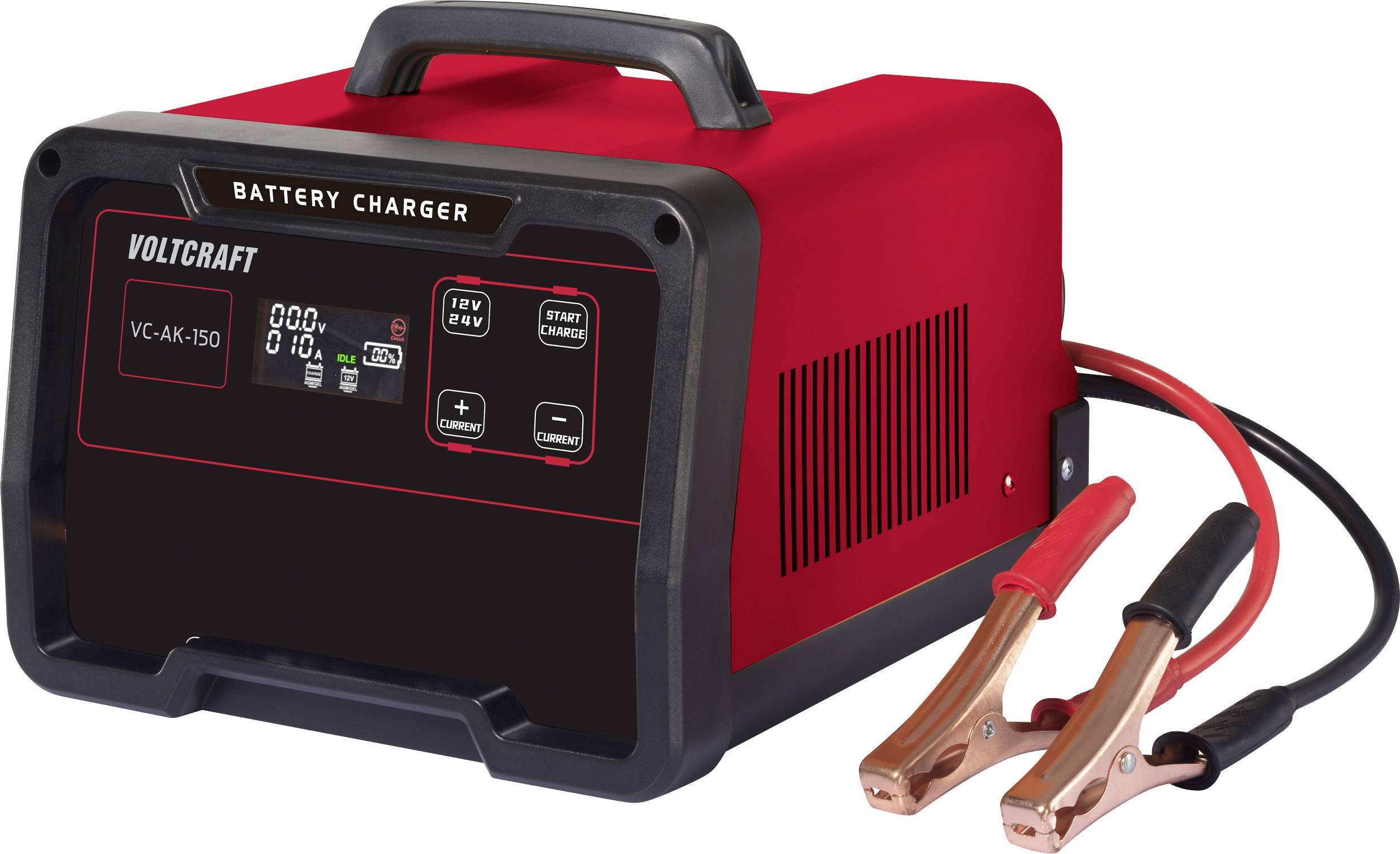 Rotes Batterieladegerät 'Voltcraft VC-AL-150' mit digitalem Display, 12V/24V Einstellung und Startfunktion, Klemmen sichtbar.