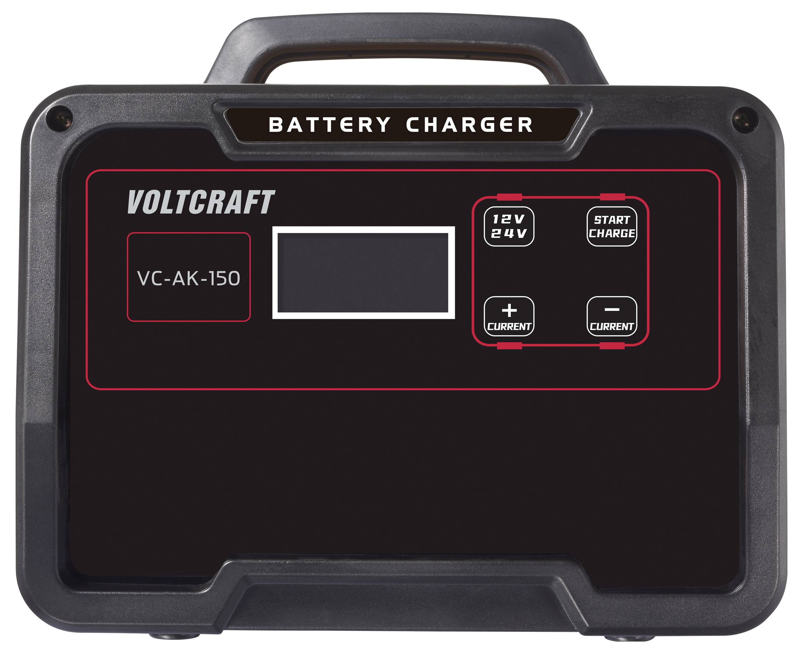 Batterieladegerät mit Griff, Modell 'Voltcraft VC-AK-150', Anzeige, Tasten für 12V/24V und 'Start Charge', '+' und '-' Tasten.