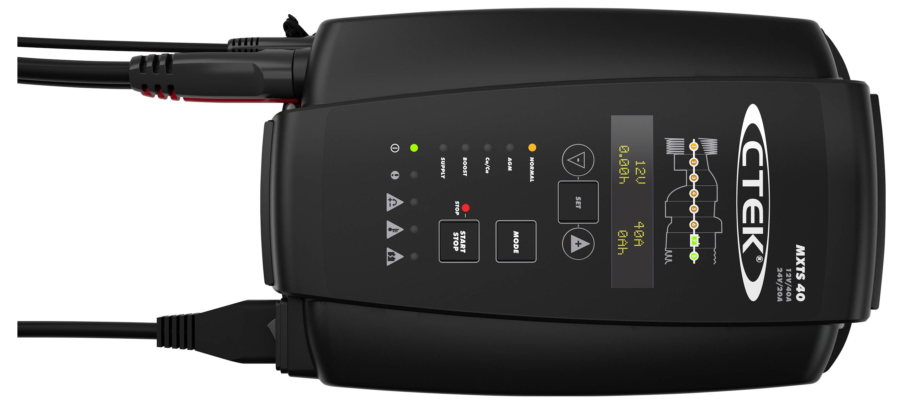 Batterieladegerät CTEK MXS 10. Zeigt LED-Anzeige für Spannung und Ladestatus. Enthält mehrere Modi und Sicherheitshinweise.