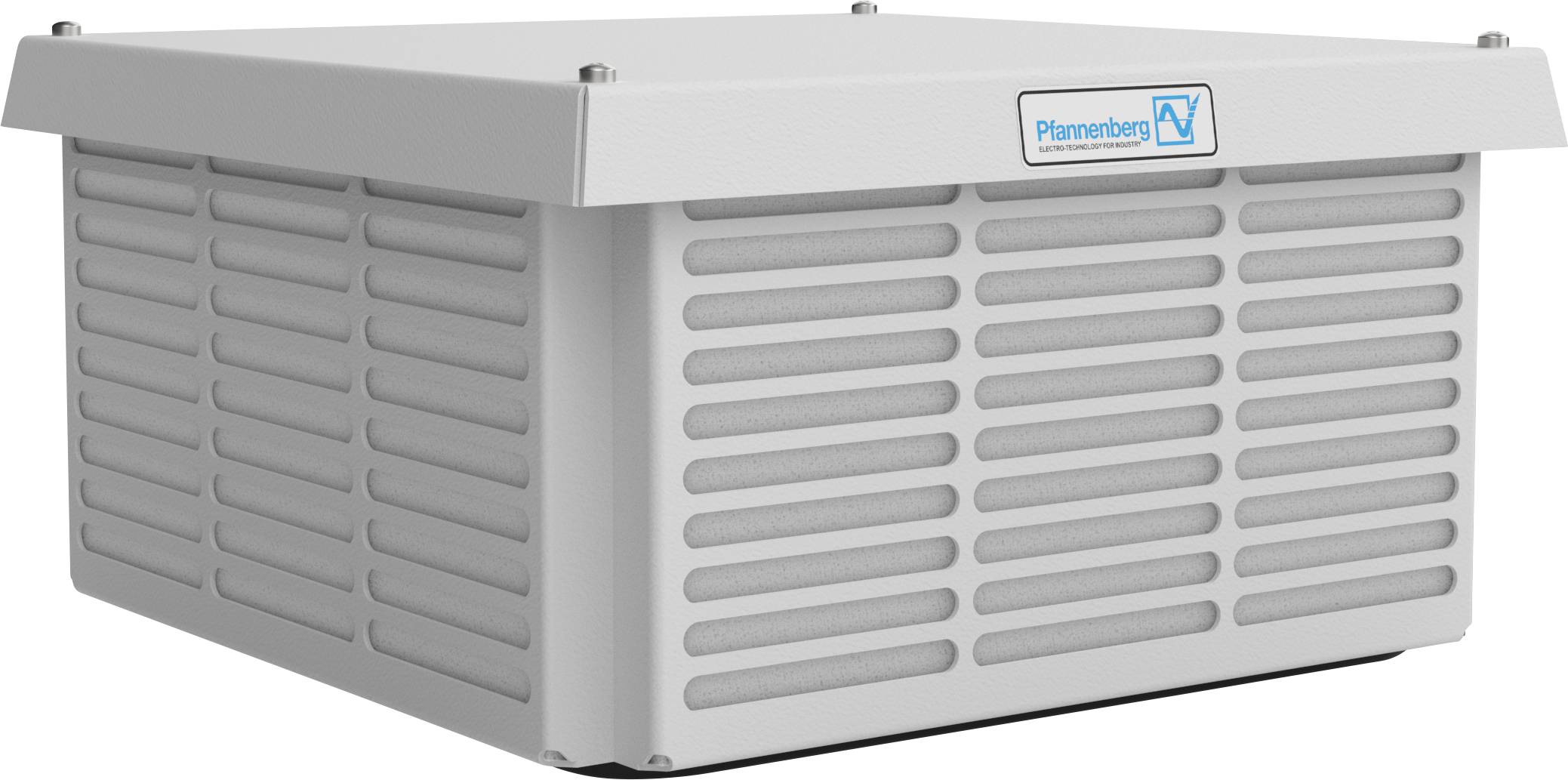 Klimaanlage in Metallgehäuse mit Lüftungsschlitzen und Herstellerlogo oben.