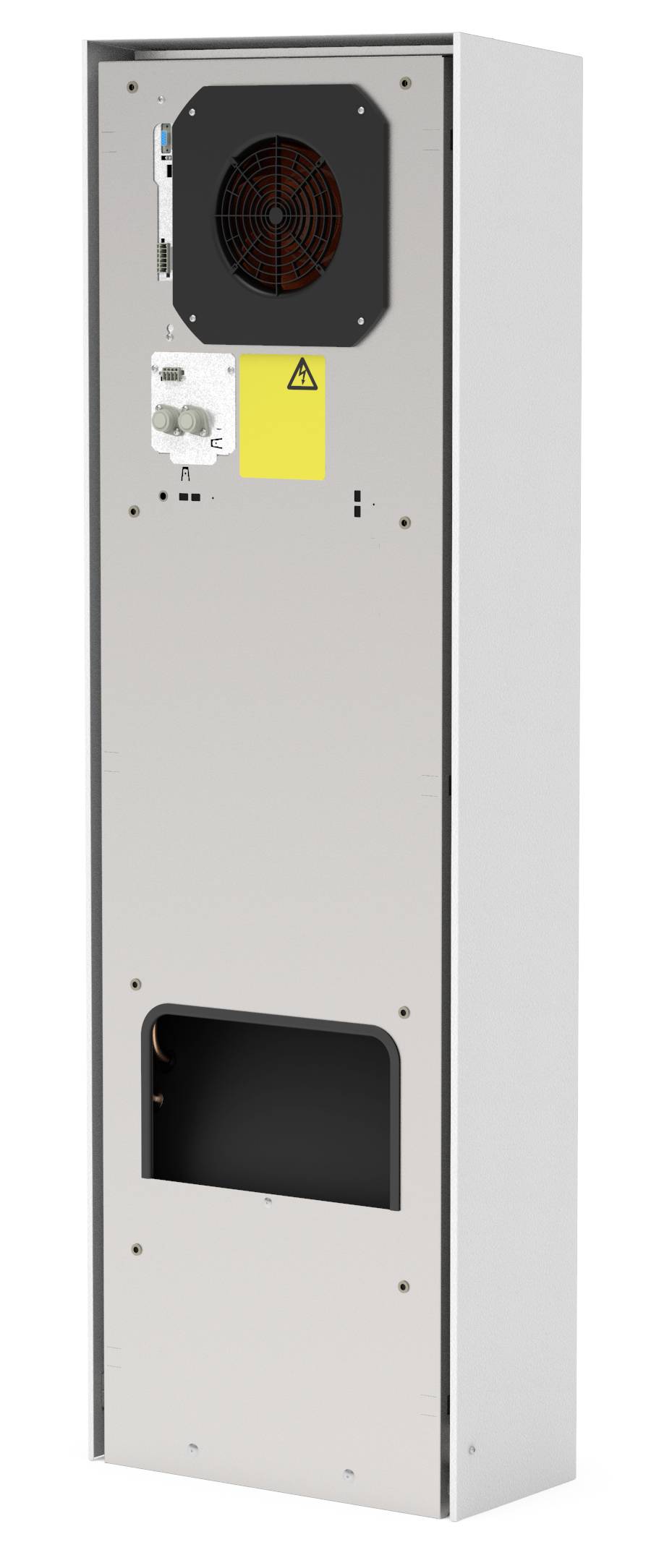 Ein stehender elektronischer Schrank mit Ventilator und Kabelanschlüssen. Oben befindet sich ein Warnsymbol.