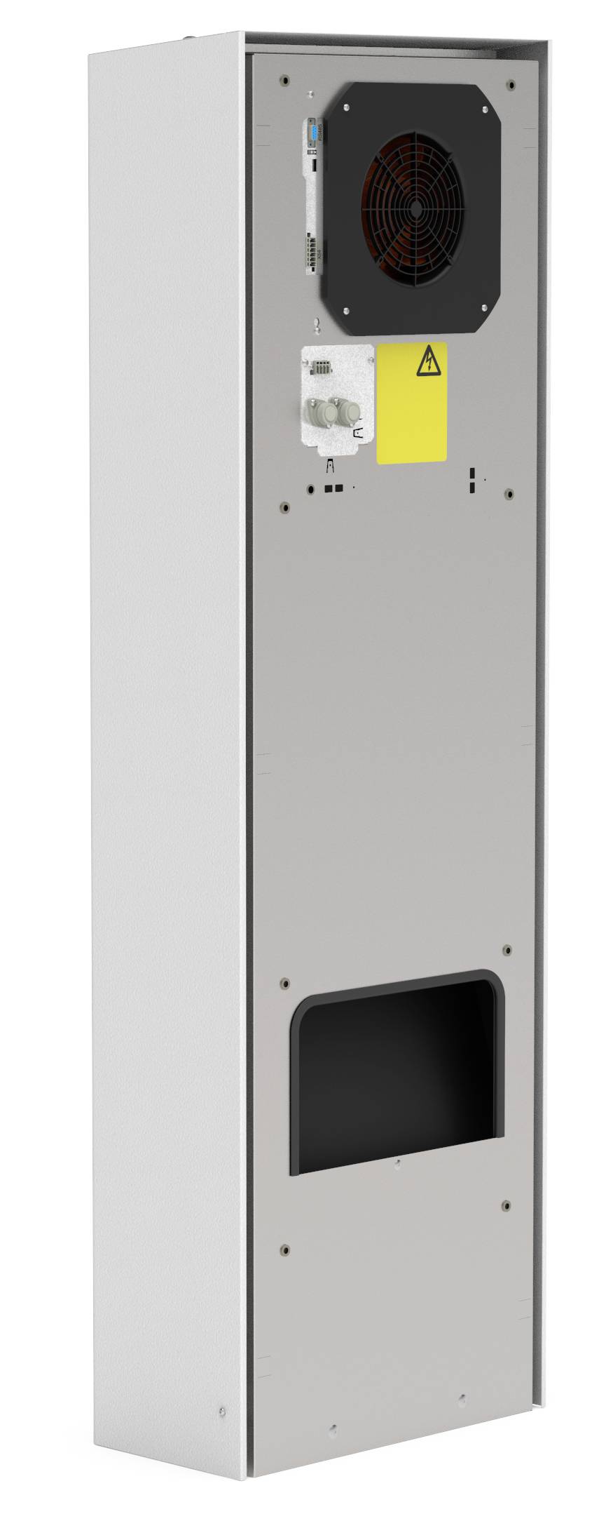 Ein großer, rechteckiger Metallkasten mit Lüftungsgitter und Schutzschalter, wahrscheinlich ein elektrisches oder mechanisches Gerät.