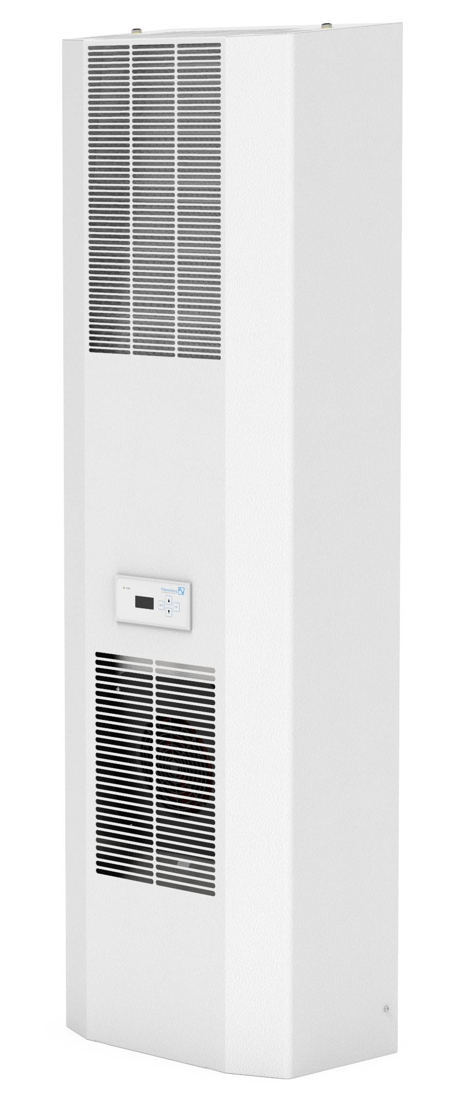 Ein weißes Standheizgerät mit Lüftungsgittern und einem digitalen Thermostat an der Vorderseite. Ideal für die Klimatisierung von Räumen.