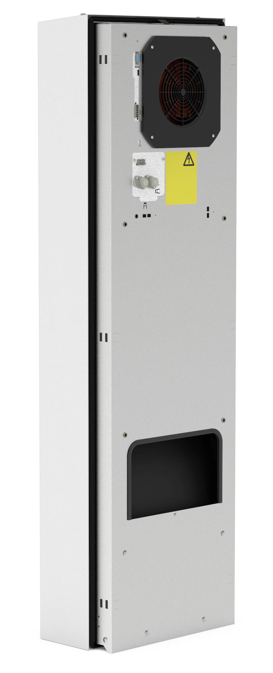 Ein weißes Schrankklimagerät mit Lüftungseinheit und Kontrollschalter, geeignet zur Kühlung von elektronischen Schaltschränken.