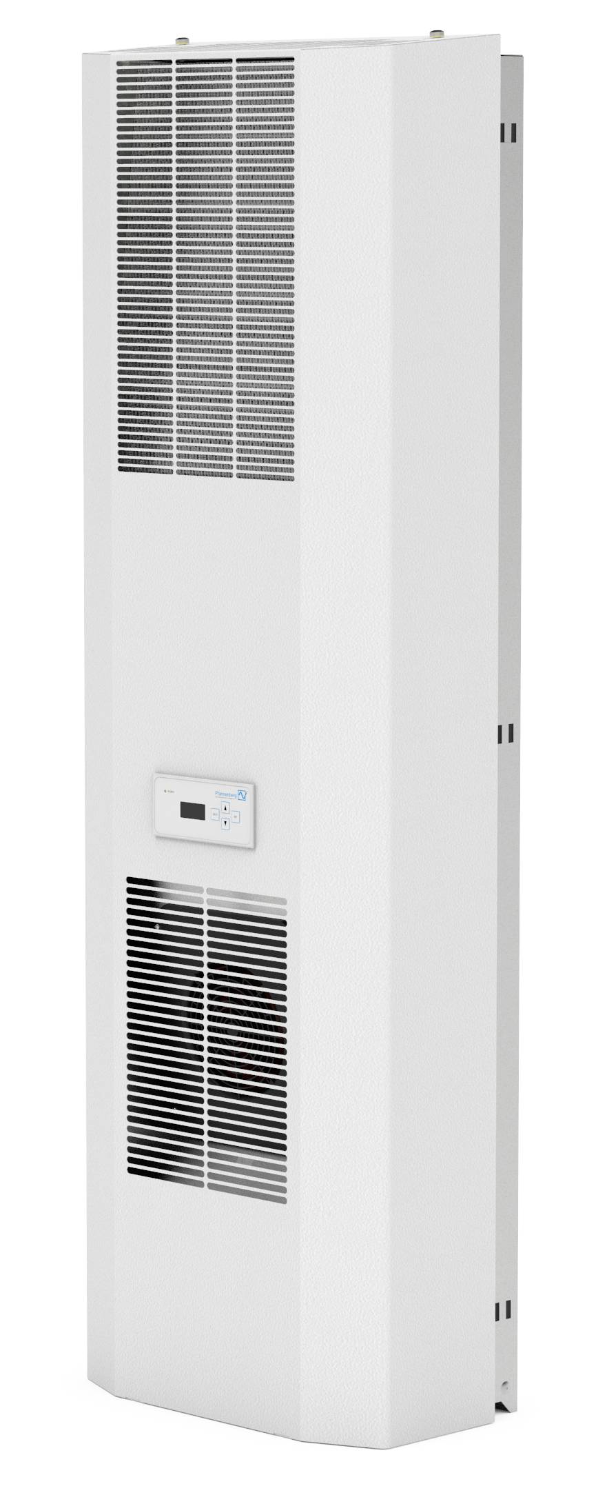 Weiße Standheizung mit zwei Lüftungsgittern und einem digitalen Thermostat in der Mitte.